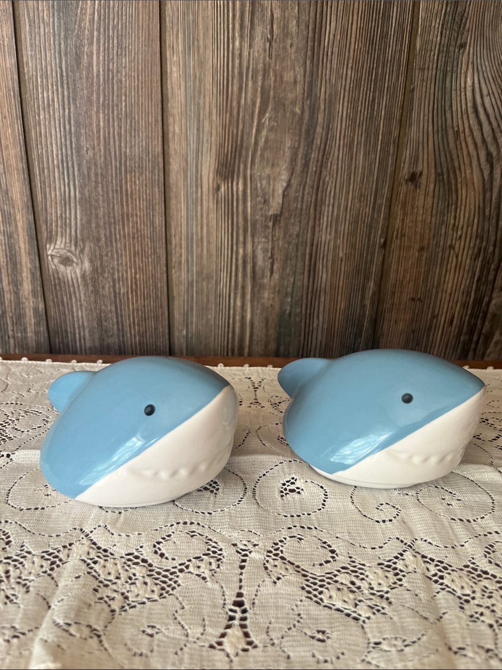 Pair of Blue and White Shark RAE DUNN mug toppers